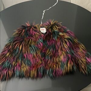 Multicolor Faux Fur Girls' Jacket - Bold Rainbow Colors